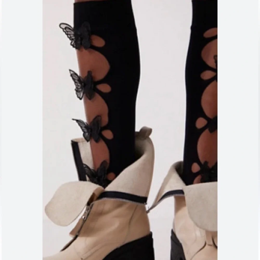 Free people thigh high butterfly cut out appliqué leg Avenue new black